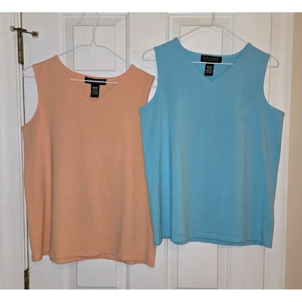 Lot of 2 Vintage Dialogue Tank Tops M Peach Coral Light Blue Pima Cotton Capsule